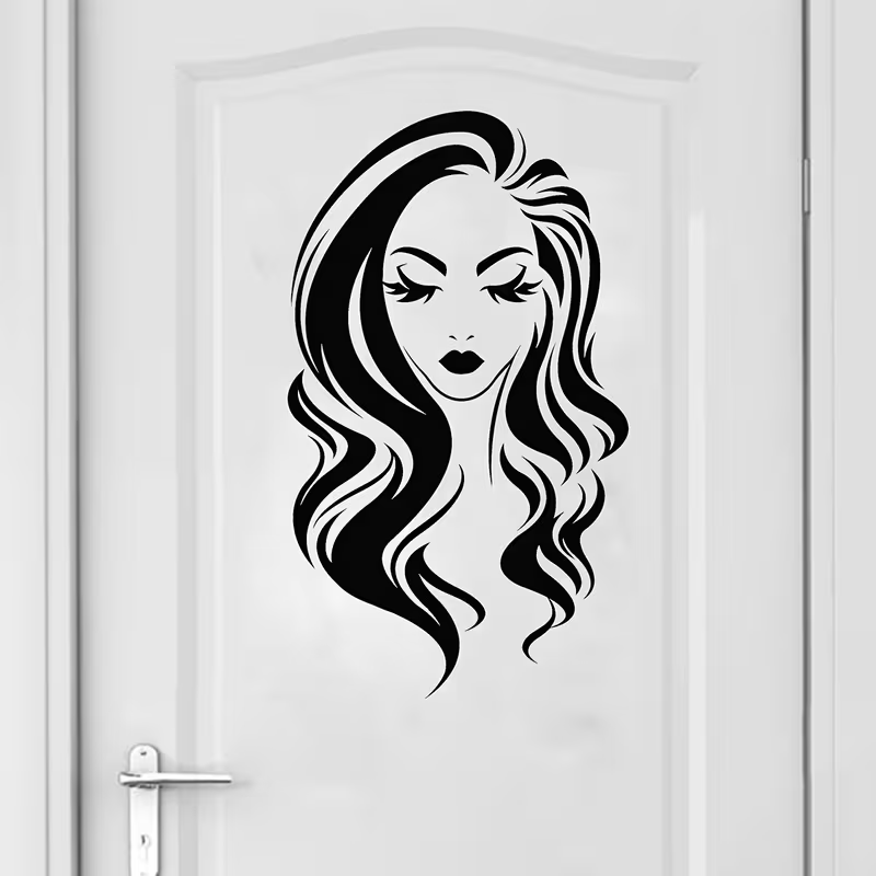Beauty Makeup Wallpaper - สติ๊กเกอร์ติดผนังร้านเสริมสวย ลายผู้หญิงผมยาว แต่งหน้า ขนตา ริมฝีปาก ของตกแต่งร้านตัดผม