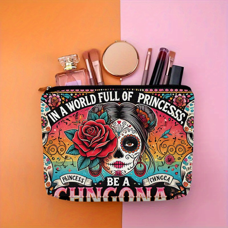 Beauty Makeup Bag - กระเป๋าเครื่องสำอางลายดอกไม้และกะโหลก - กระเป๋าซิปอเนกประสงค์น่ารักสำหรับผู้หญิง ใช้เก็บเครื่องประดับได้
