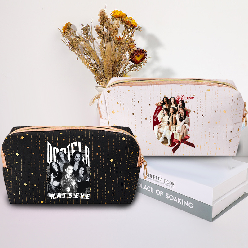 Beauty Makeup Bag - กระเป๋าเครื่องสำอางแฟชั่น K-POP K-KATSEYE ลายดาวปั๊มร้อน ดีไซน์สวยหรูสำหรับผู้หญิง พร้อมซิปเก็บของ